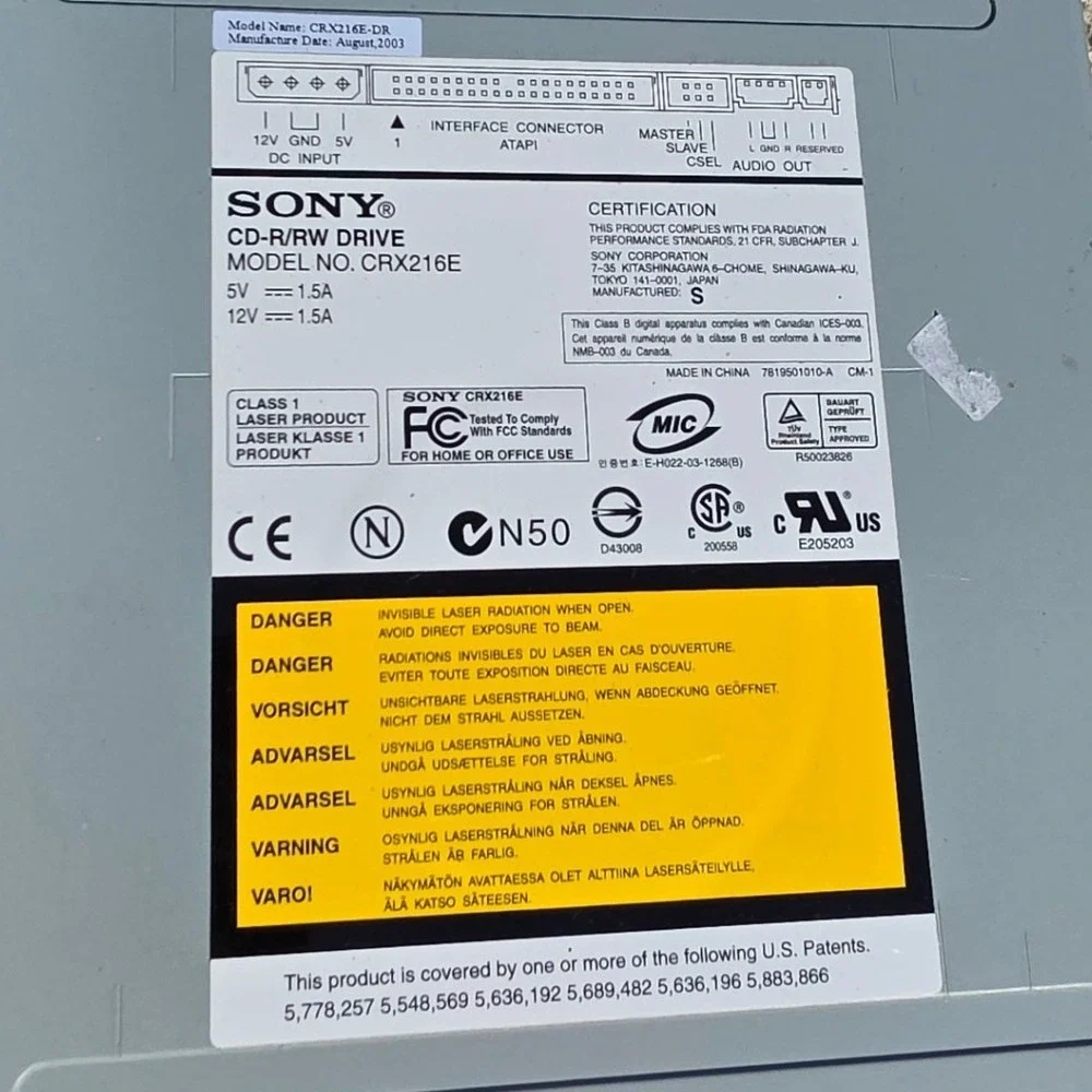 Sony CRX216E-DR CD-R/RW Internal Drive ATAPI IDE 52x‎ DP/N 0F1359 Vintage 2003